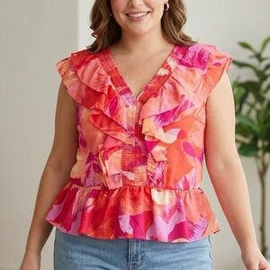 Sofia Vergara Floral Ruffle Peplum Top Coral Pink Tropical Boho Party Chic